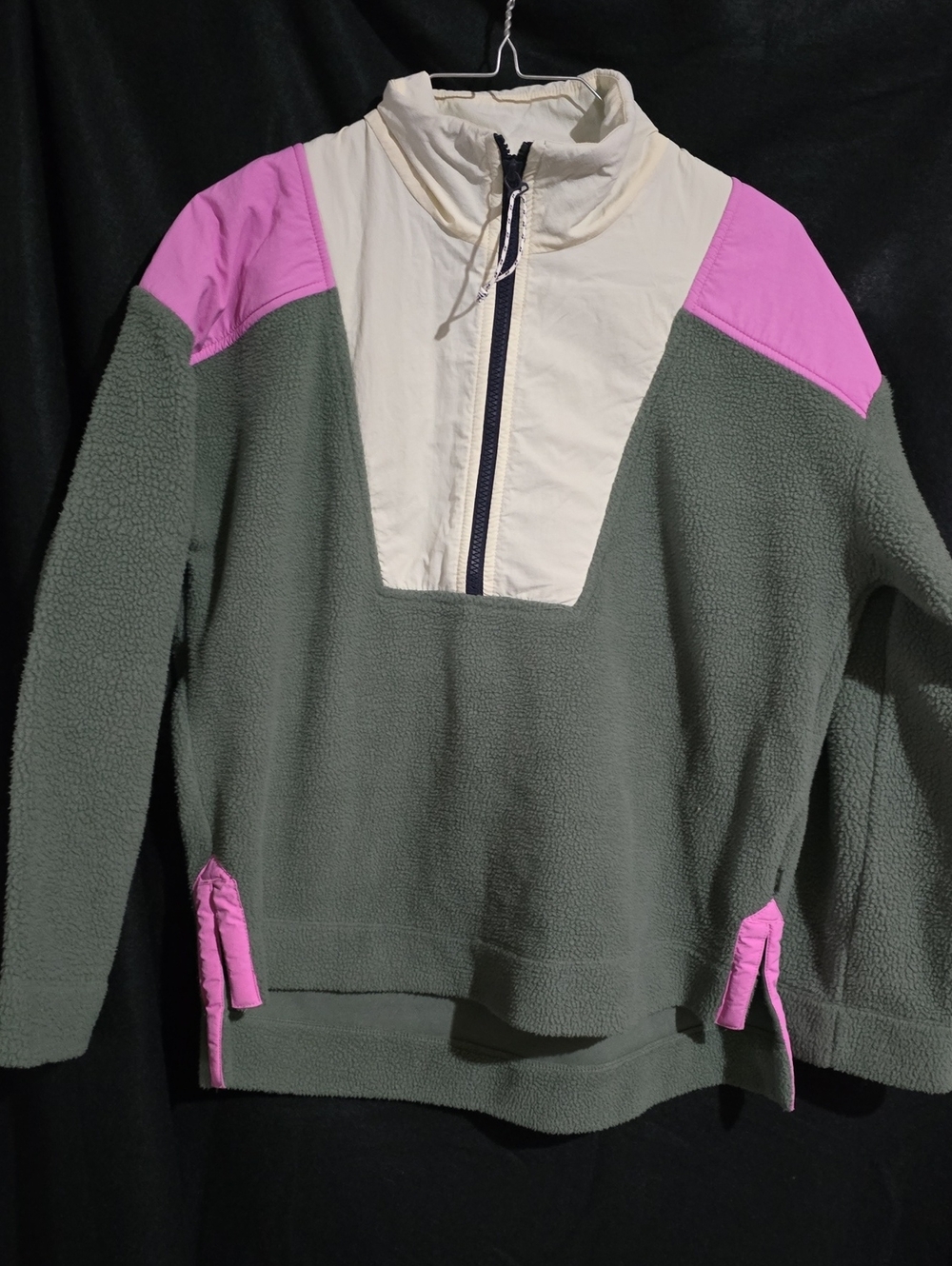 Olive Green Half-Zip Colorblock Fleece Pullover with Pink Accents